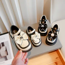 2023 New Simple Non-slip Children Leather Shoes Girls Hook & Loop Bow Color Matching Soft Non-slip Kids Versatile Casual Shoes