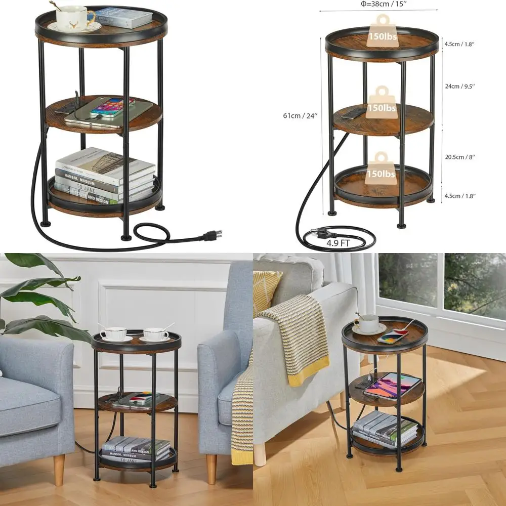 

Rustic Brown Round Side Table with USB Charging, 3-Shelf End Table for Living Spaces, Compact Bedroom Nightstand, Industrial Ste