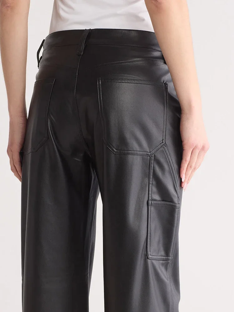 Black Matte Leather Carpenter Pants Women High Waist Faux Leather Straight Pants Ladies Stretch PU Y2K Trousers Clubwear Custom