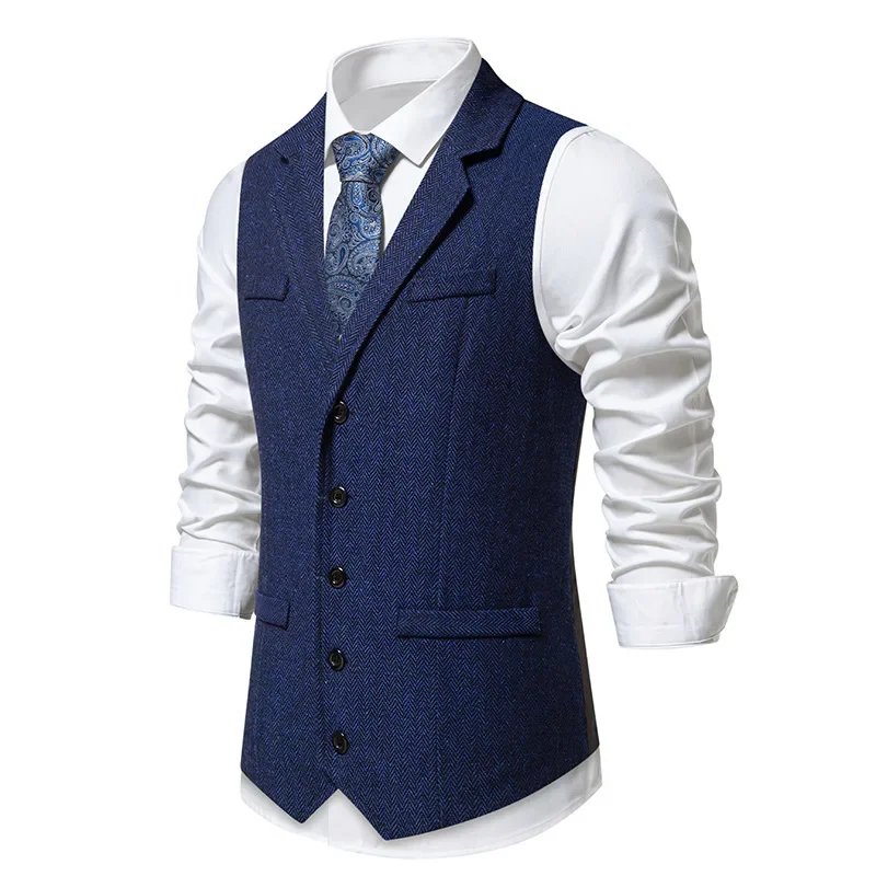 Men\'s Autumn and Winter New Fashion Herringbone Tweed Suit Vest Coat，Casual Vintage Lapel Single Breasted Solid Color Suit Vest