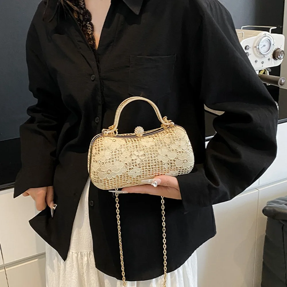 

Elegant Luxury Evening Banquet Bag Rhinestone Flower Ladies Clutch Bag Phone Pouch Metal Top Handle Wrist Handbag Wedding