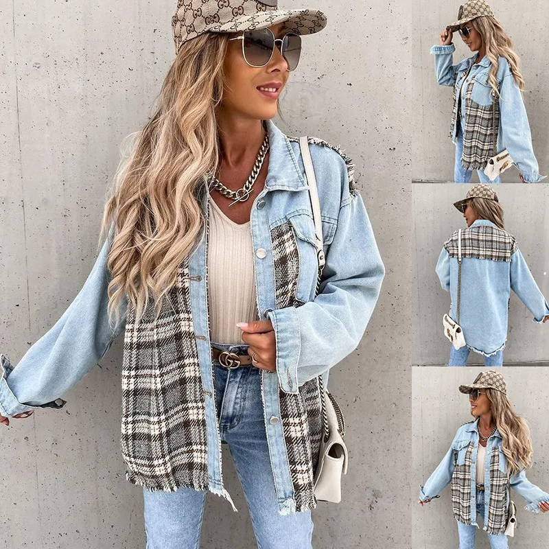 Spring Summer New Denim Stitching Plaid Coat Loose Top Shirt Long Sleeve Shacket Jacket Single Breasted