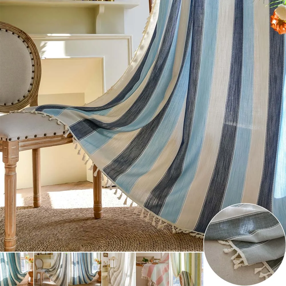 

Bohemian Colorful Striped Tulle Curtains Tassel Semi Blackout Window Drapes for Kitchen Coffee Shop Home Decor 45-275cm Height