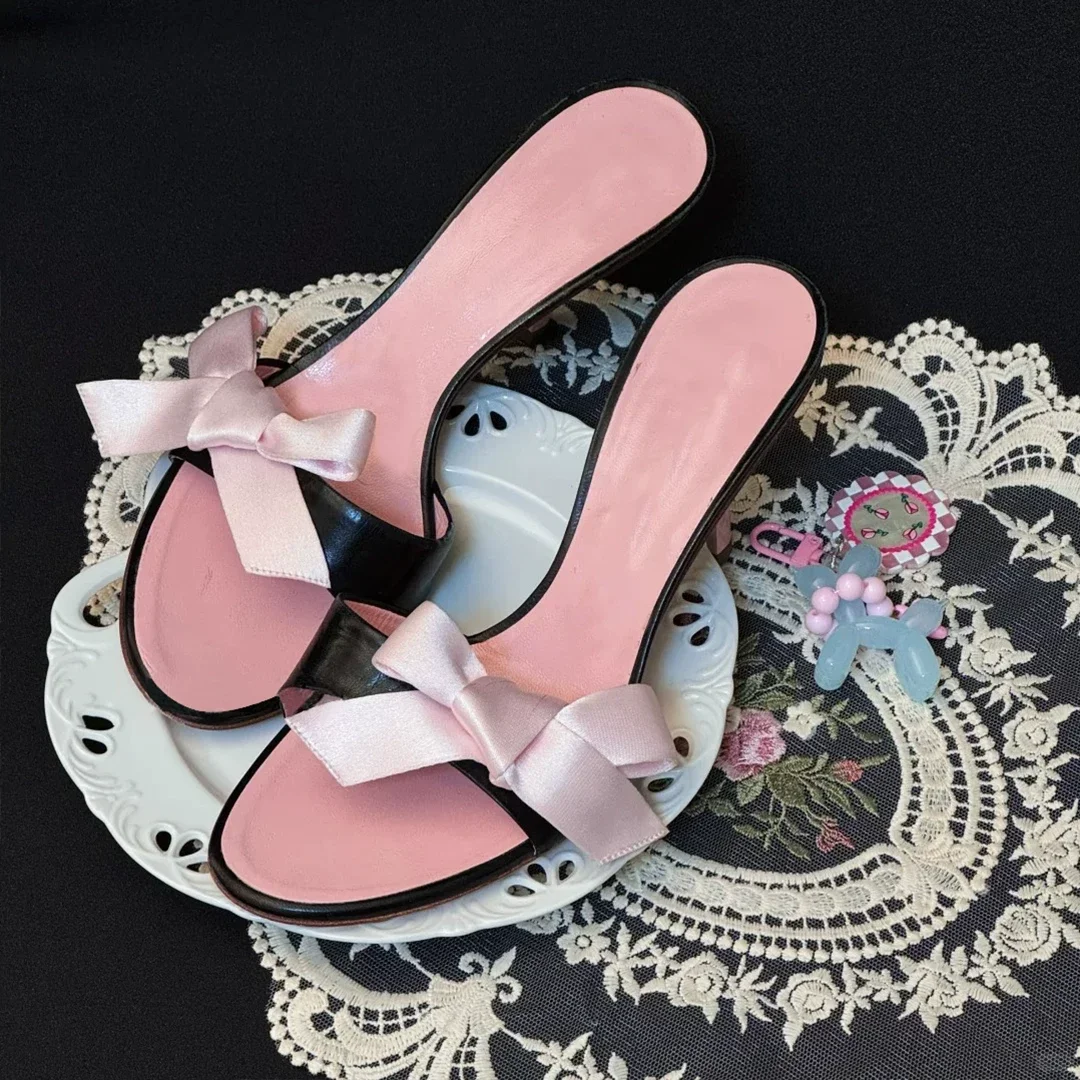 Sweet Black Pink Mixed colors Thin Heel Slippers Satin Bowknot Round Head Open Toe Slip-on Sandals Women Daily Causal High Heels