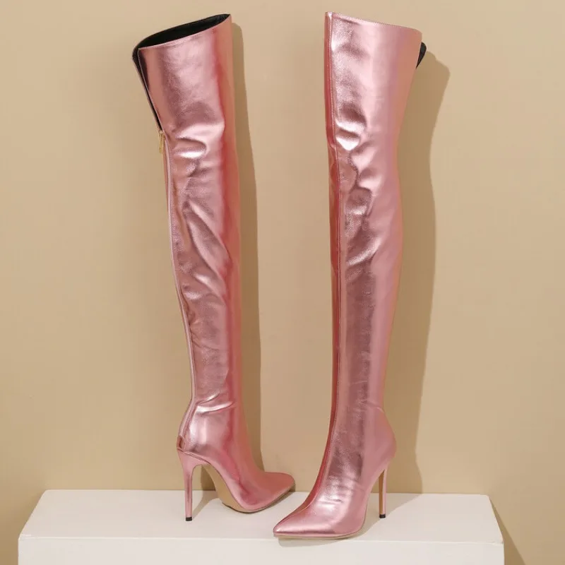 

Women Sexy Silver Mirror Thigh High Boots Rear Zipper High Heels 11CM Thin Heels Metal Patent Leather Multi Color Women Boots