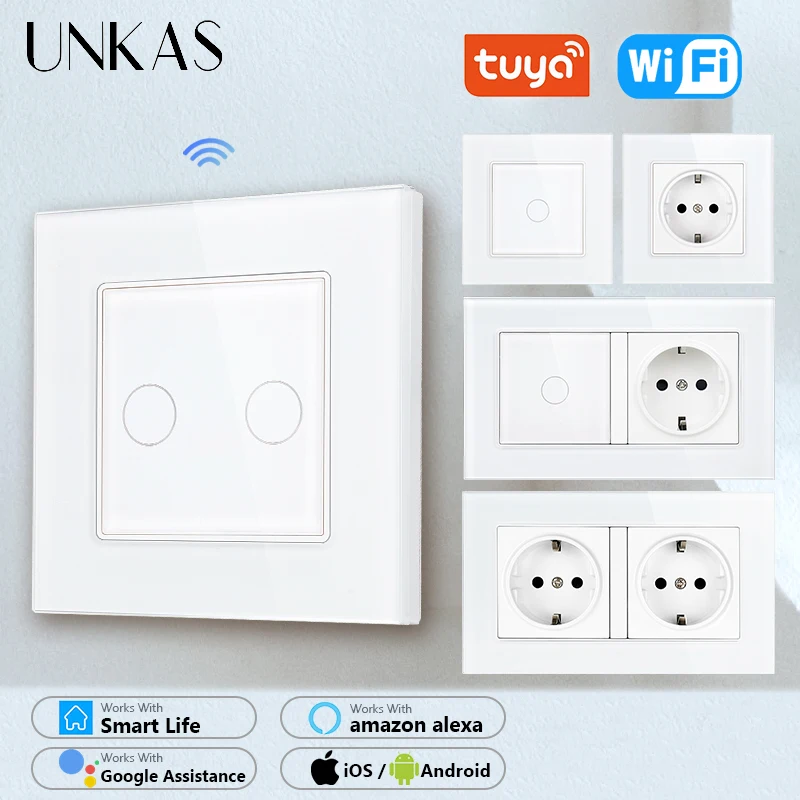 

UNKAS White EU Sockets And Tuya WiFi Light Switch Single Fire Line Home Improvement With TypeC Dual USB Smart Life