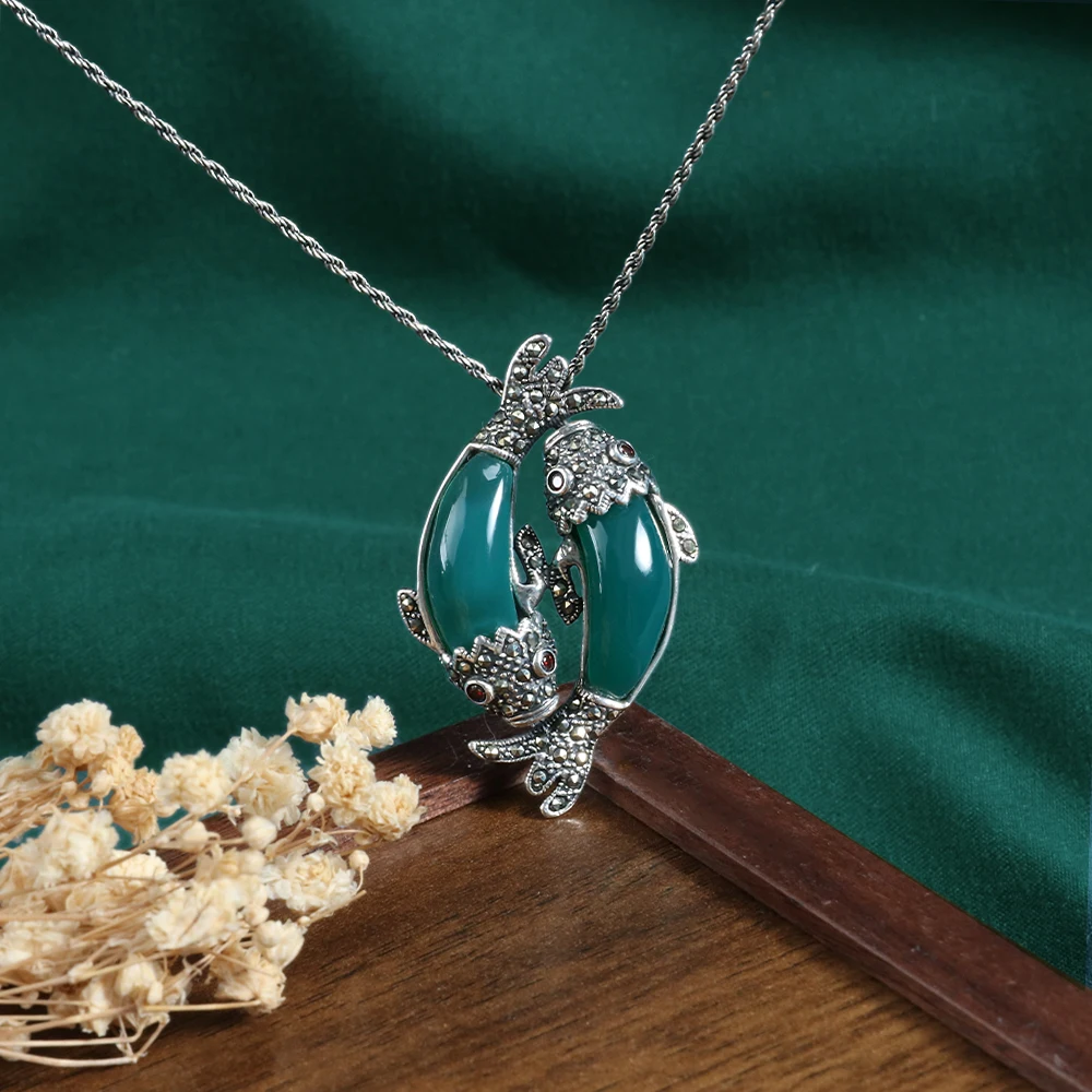 YYSuniee Solid 925 Sterling Silver Necklace for Women Vintage Thai Silver Green Onyx Chalcedony Moonstone Double-Fish Pendant ﻿