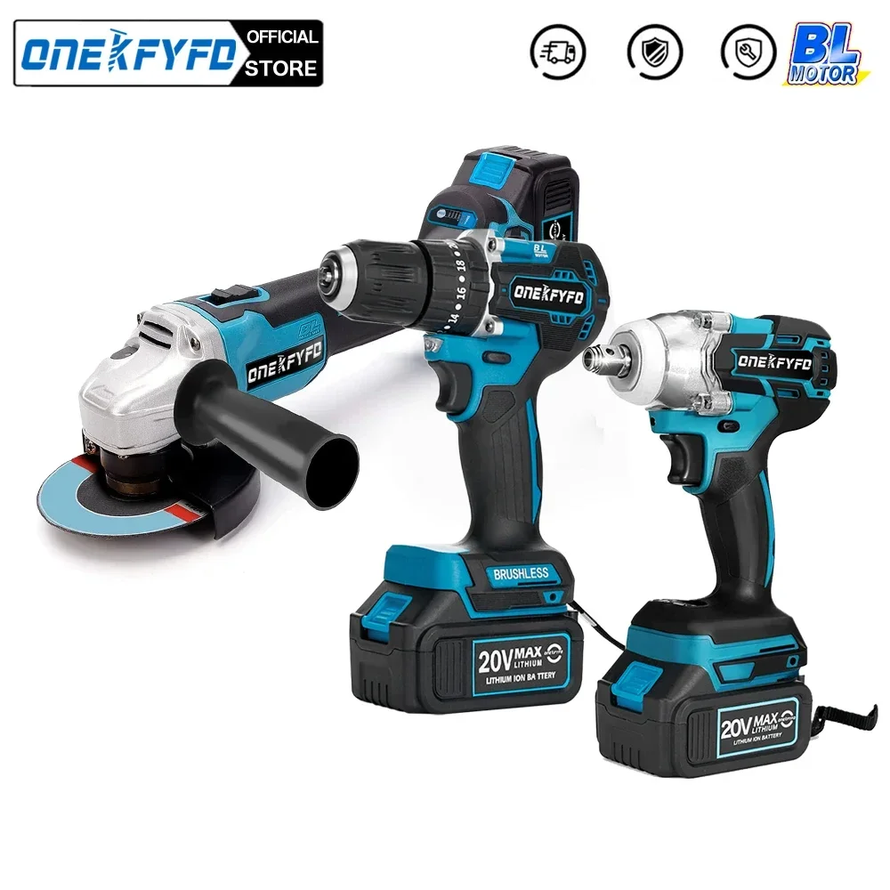 3Pcs Brushless Set Cordless Electric Wrench  + 125mm Angle Grinder Polishing Grinding +172 Electric Drill for Makita 18V Battery