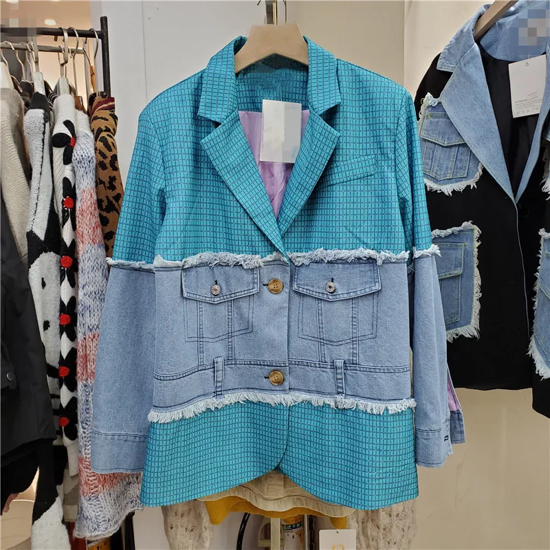 Fashion Pink Blue Plaid Splicing Pocket Denim Blazer Women Mid Long Suit Collar Outewear Female Loose Casual Jeans Suit Jacket