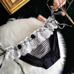 Women's Bows Plaid Panties Girls Sexy Soft Lace Maid Underpants Cute Japanese Lolita Cosplay Lace Up Adjustable Low Rise Briefs