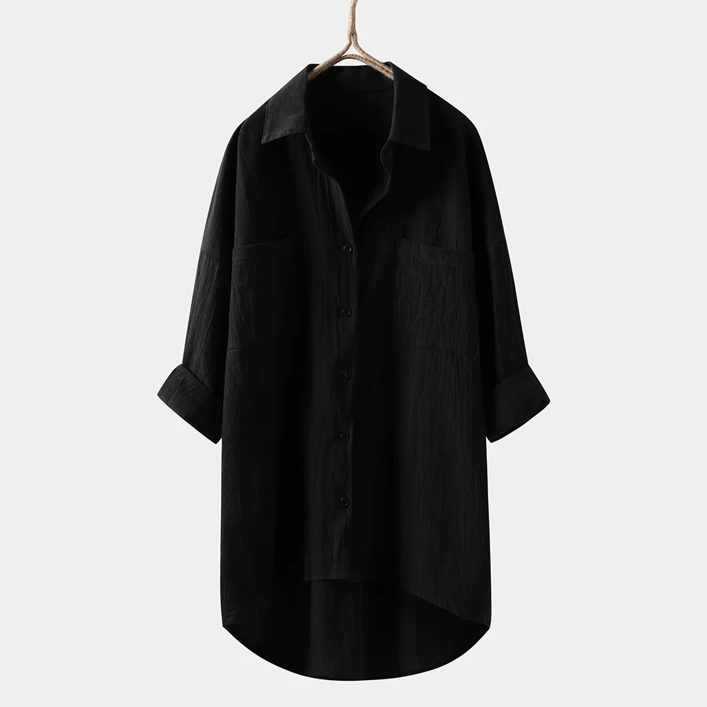 

New Casual Solid Color Cotton Linen Cardigan Double Pocket Long Sleeve Women's Top Shirt