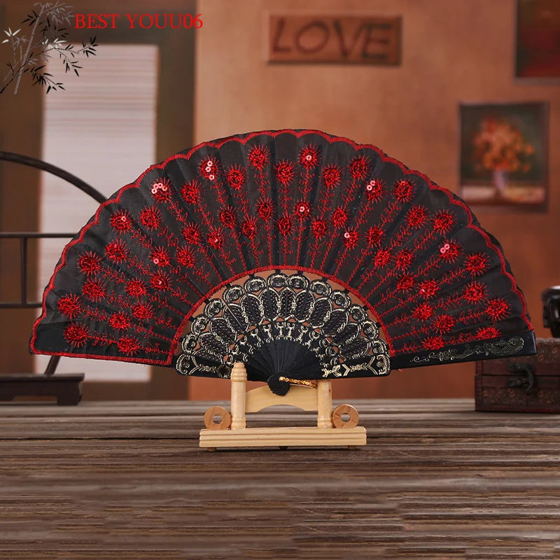 Leque de Mão Dobrável de Renda e Seda, Cor Sólida, com Renda Vazada, para Mulheres, Leque Floral, Leque de Casamento, Presente para Festivais, Decoração, Estilo Espanhol