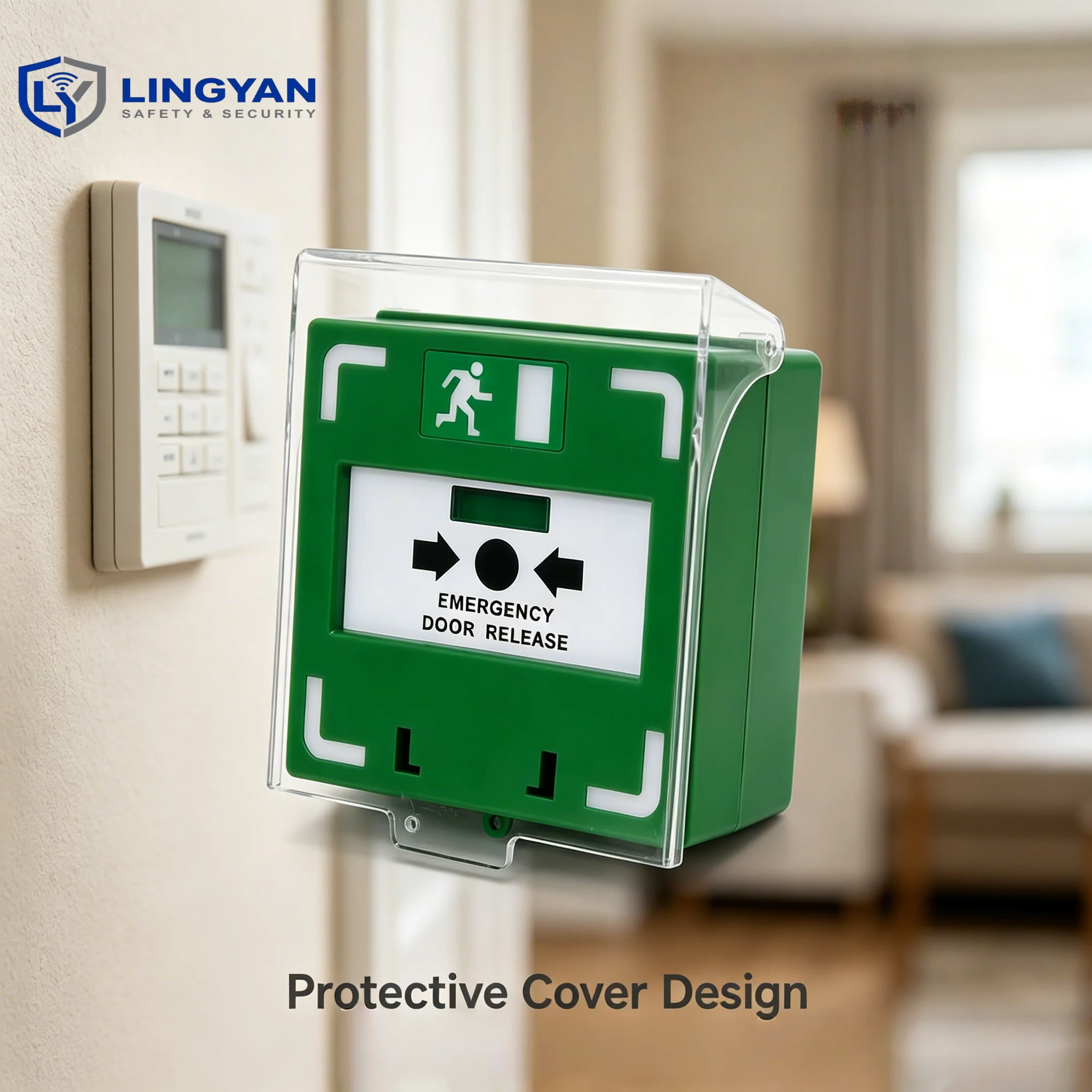 

Fire Alarm Call Point, green door release button equipped with LED buzzer, standard terminal output for security systems