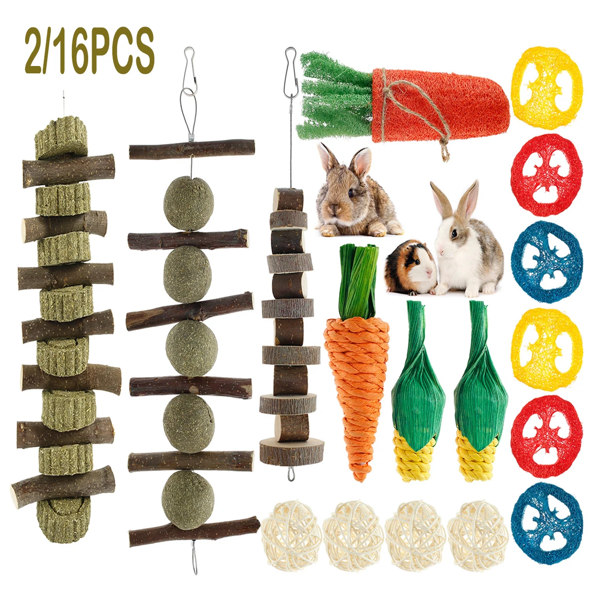 2/16PCS Natural Pet Rabbit Guinea Pig Chew Toys Set Tooth Grinding Snacks with Apple Wood Grass Ball String for Small Animas