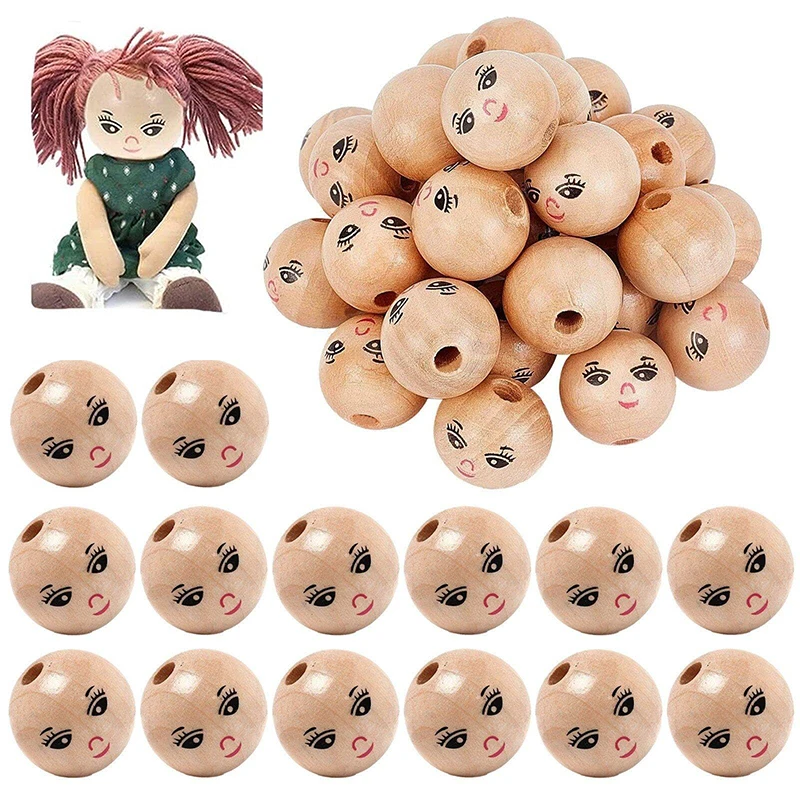 50pcs Spacer Beads 18mm Wooden Beads Doll Head With Hole For DIY Bracelet Necklace Doll Craft Statues Gifts Macrame Making