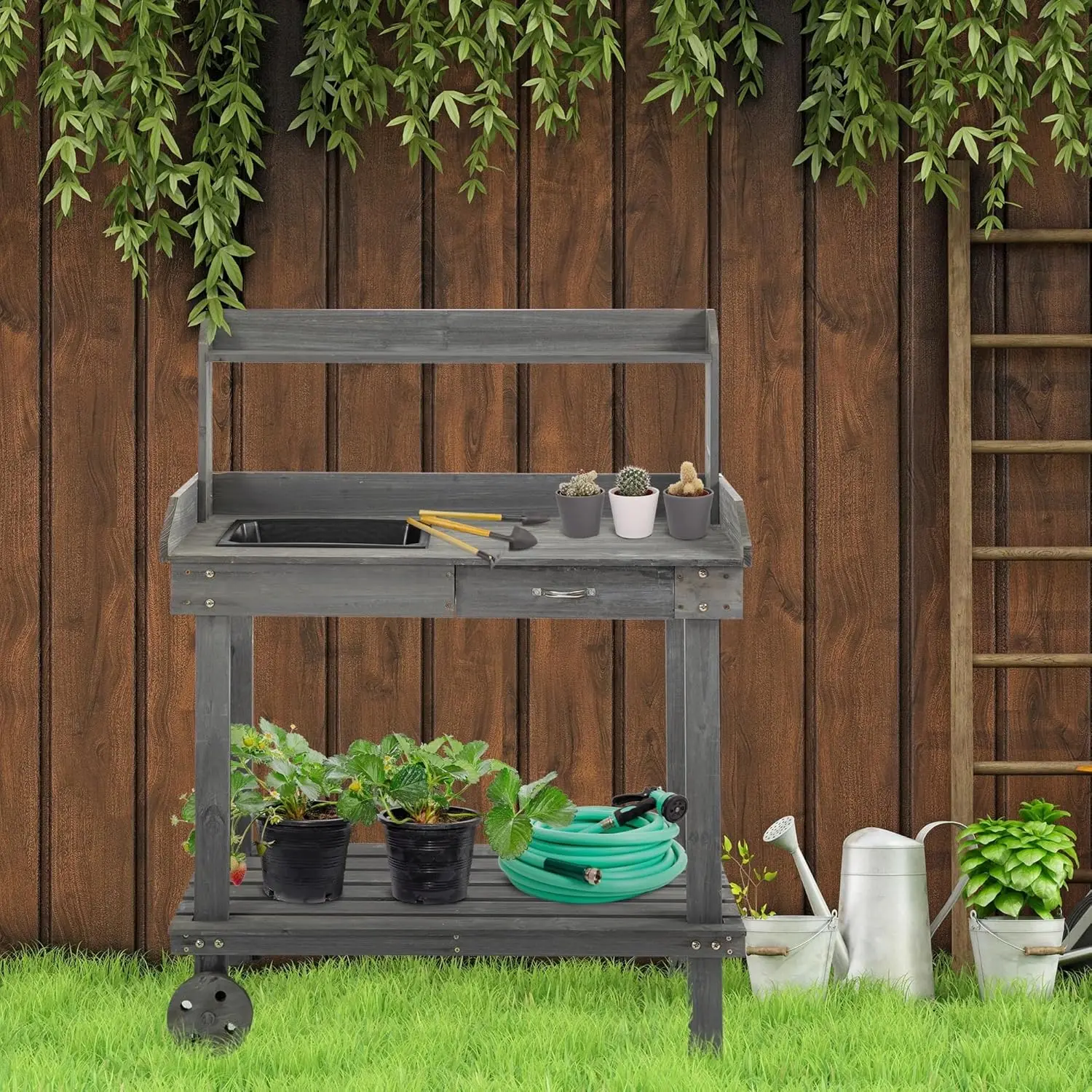 Wooden Potting Bench Work Table With 2 Removable Wheels Sink Drawer Grey Wood