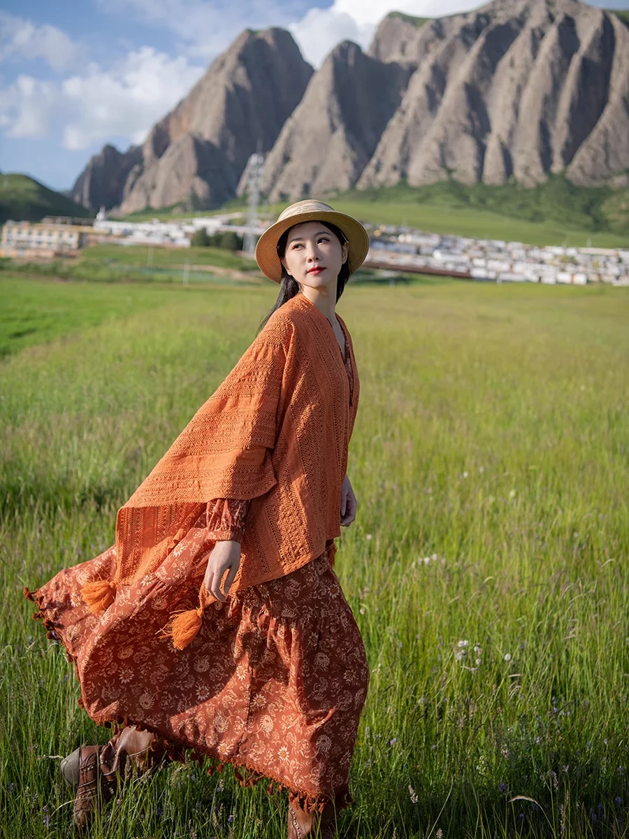 TIYIHAILEY Free Shipping 2023 New Women Bohemian Spring Autumn Women Long Sleeve V-Neck Red Printed Chiffon Dresses Tassels