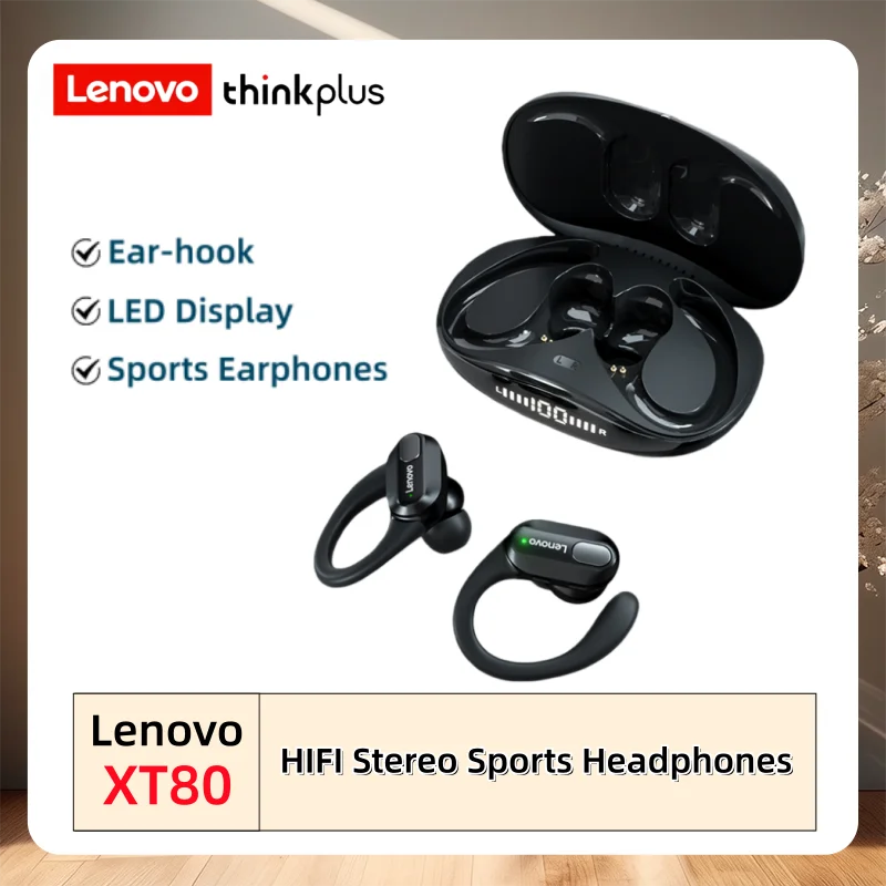 Lenovo XT80 Earhooks Sports Bluetooth Wireless Headsets with Mics, LED Power Display,Hifi Stereo Sound ENC TWS Earphones