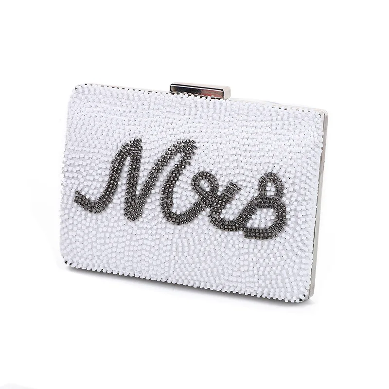 Luxury Rhinestone Wedding Clutch Bags Party square bag white evening bag metal chain elegant handmade letter beaded bag