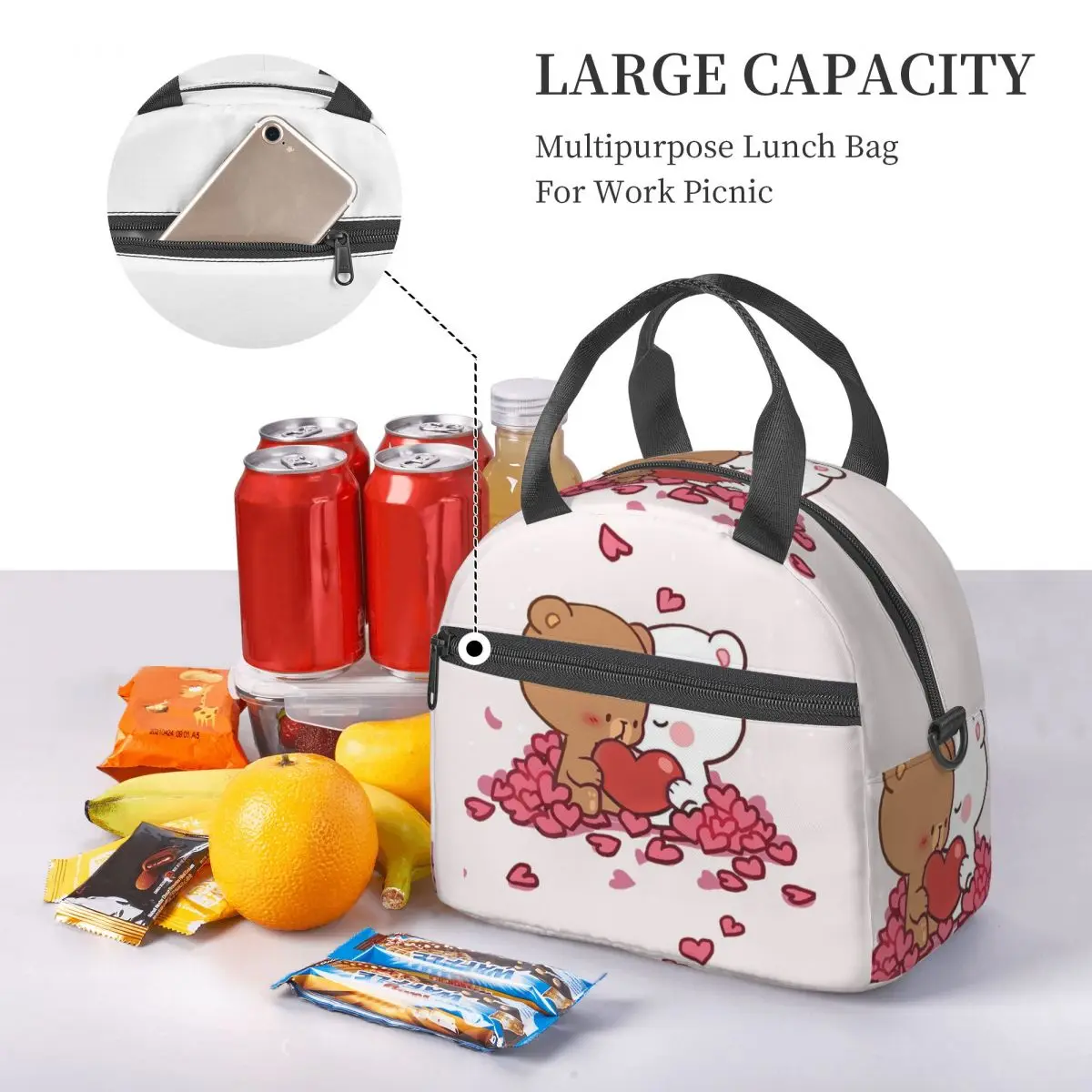 Peach And Goma Bubu Dudu Balloon Insulated Lunch Bag for Women Picnic Storage Food Boxes Portable Cooler Thermal Lunch Box Tote