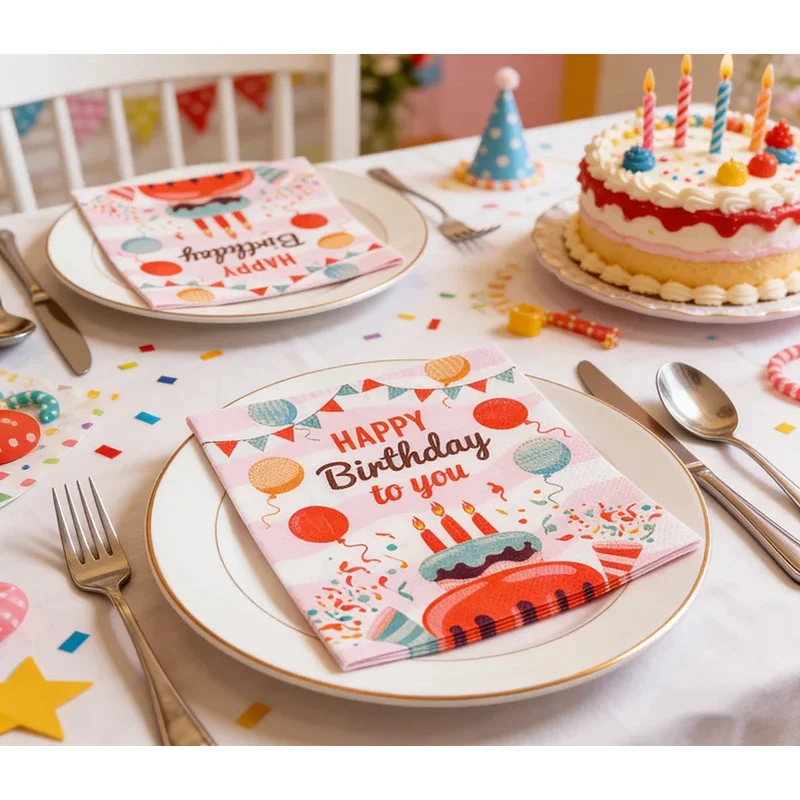 

Happy Birthday Party Paper Napkins 33x33cm 2Ply Disposable Tissue Colorful Cake Balloon Printed Dinner Napkin for Party Supplies