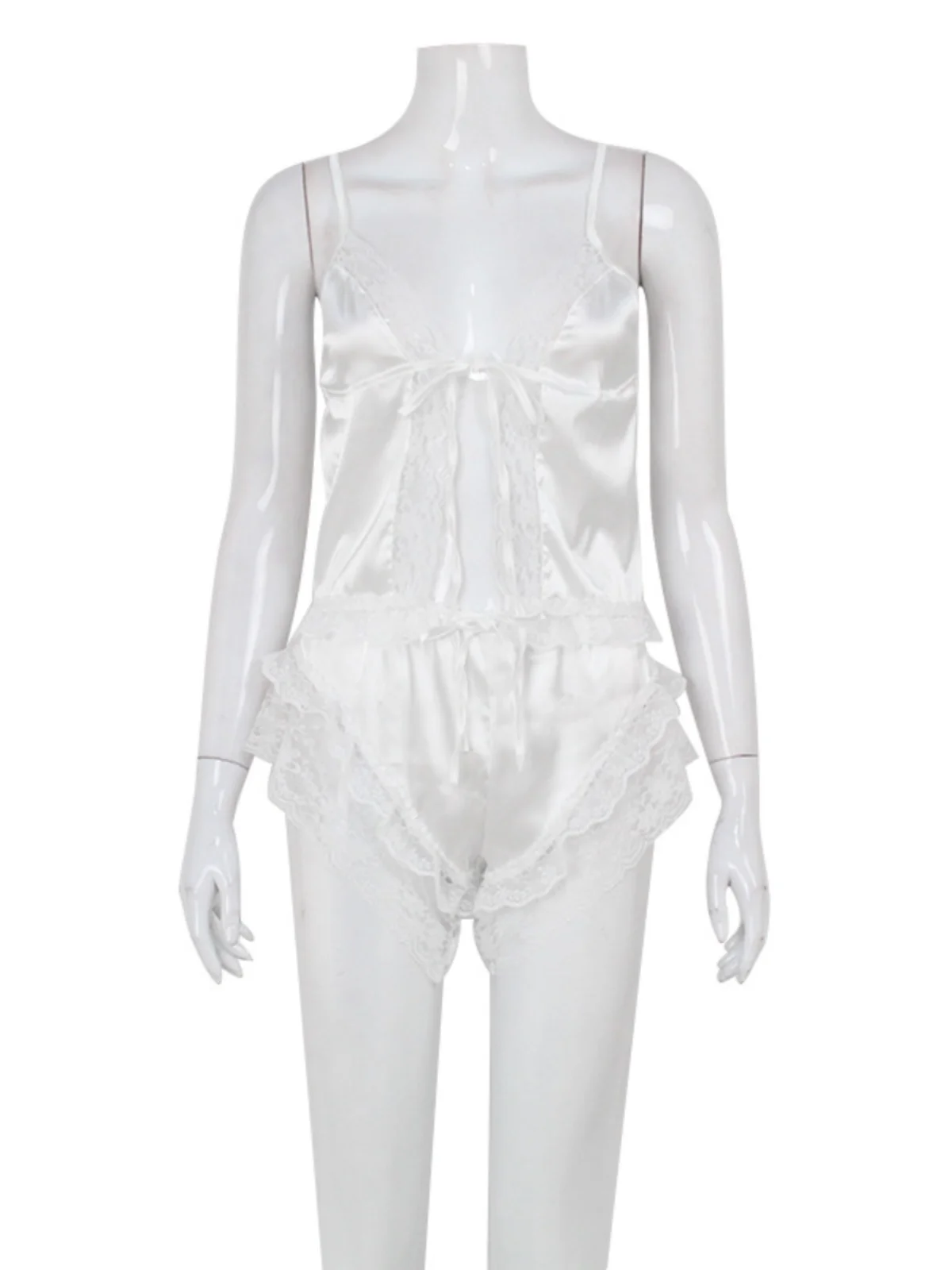Fashionable lace-trimmed camisole cardigan with high-waisted shorts, two-piece comfortable and high-end acetate lounge set.