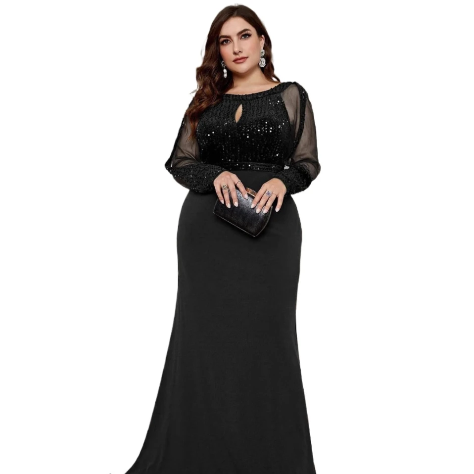 

Elegant Long Sleevs Sequined Round Neck Chiffon Long Formal Evening Dress