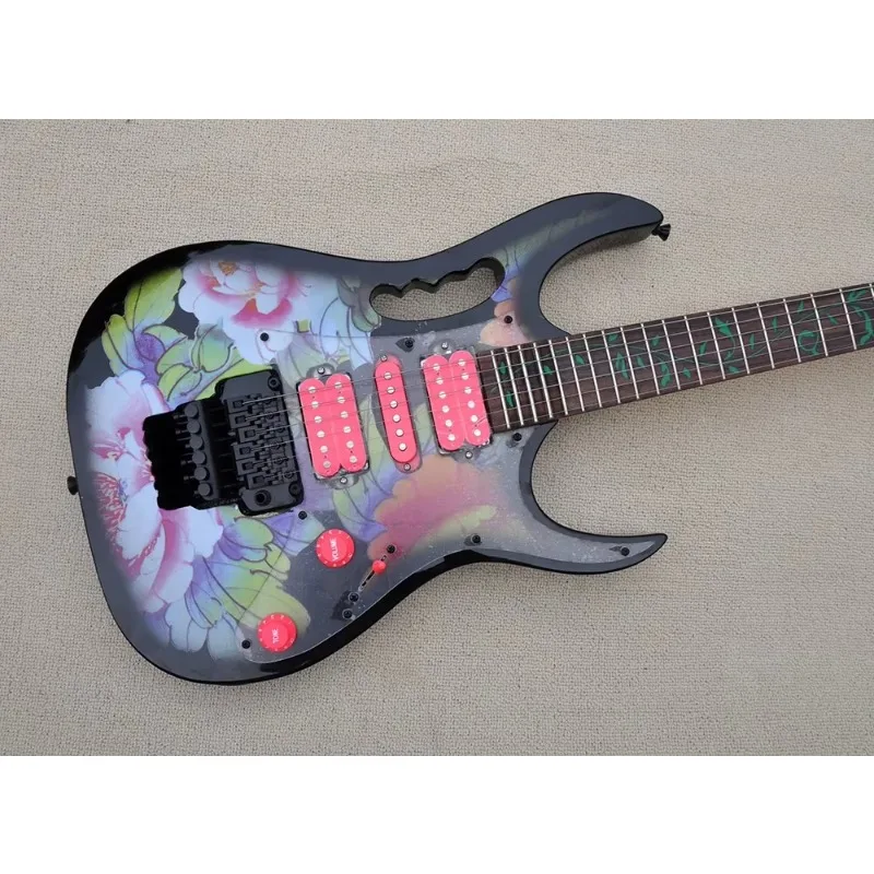 Electric Guitar Floyd Rose Bridge Peony Flower Pattern Black Edge