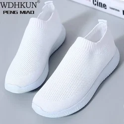 Zapatillas de deporte vulcanizadas de punto para mujer, zapatos informales de moda, color blanco, Tenis femeninos de verano