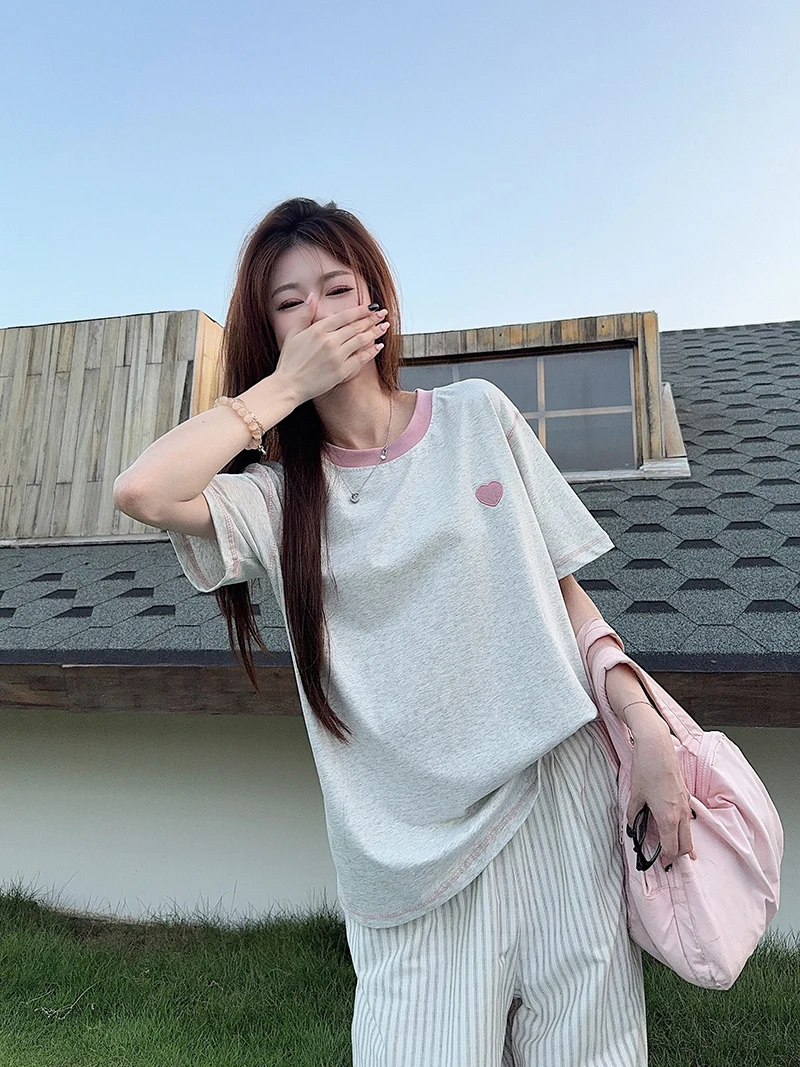 

Loose Fit Women's Short Sleeve T-Shirt Korean Style Embroidered Pure Cotton plus Size Versatile Half Sleeve Top for All Body ...