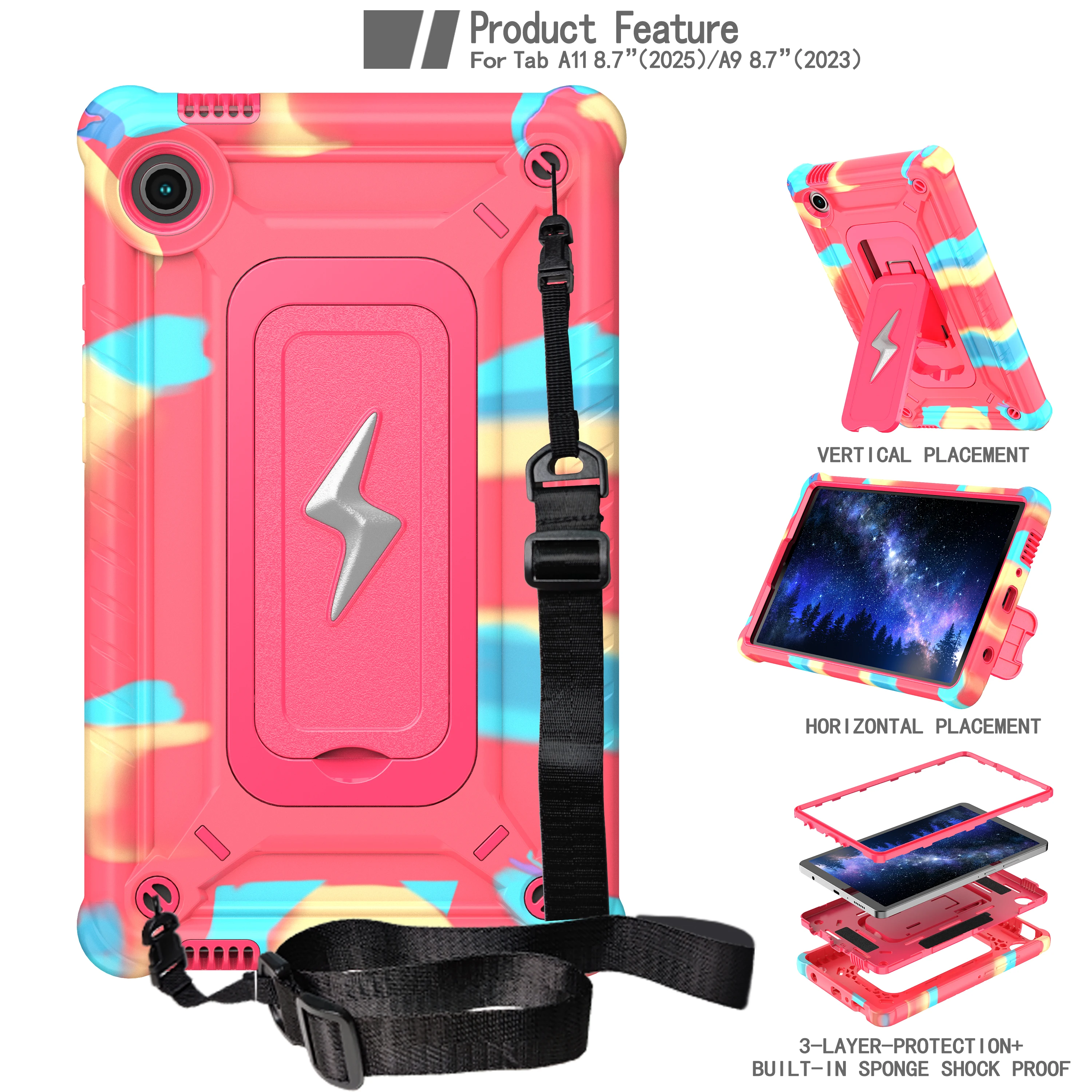 

Heavy Duty Stand Case Universal for Samsung Galaxy Tab A11 A9 8.7" SM-133 X135 X110 X115 X117 Hybrid Cover With Shoulder Strap