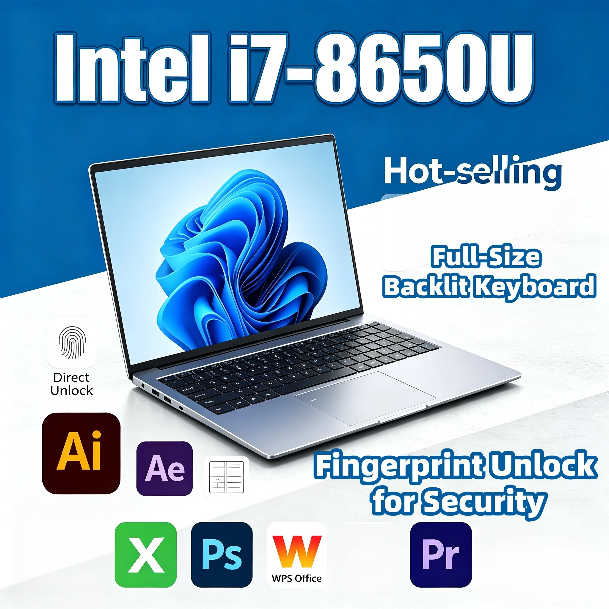 17.3 Inch Intel i7 8650U Full Size Laptop 32GB RAM 2TB SSD Fingerprint Unlock High Performance Work Gaming Notebook Core