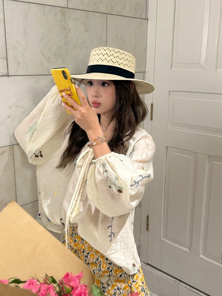 

Женская свободная летняя блузка Ele Embroidered Me с вышивкой, легкая, дышащая, модная, в корейском стиле, малого размера