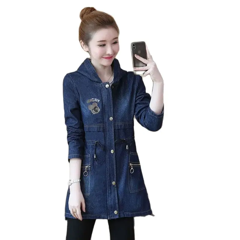 

FashionDenim Women's Mid-length Loose Hooded 2022 Spring New Korean Letter Print Large Size Denim Trench Coat Women 5XL