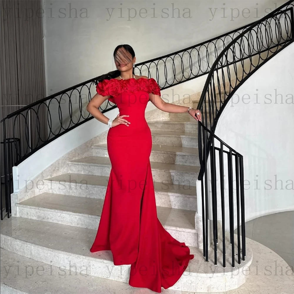 Customized Boat Neck Formal Evening Dresses Modern Flowers Front Split mermaid Prom gown Off The Shoulder Floor-Length Dress
