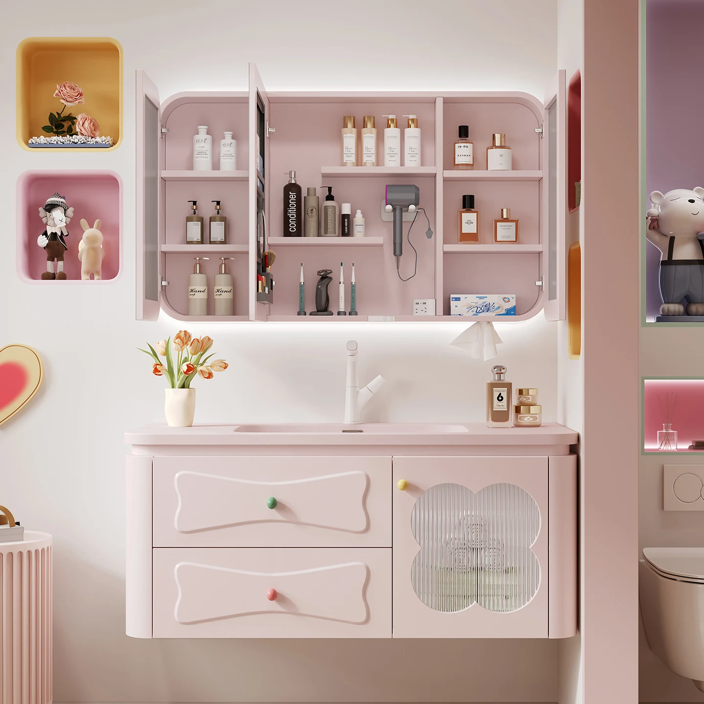 ab-Modern French-Style Light Pink Waterproof Bathroom Cabinet with Vanity Sink LED Bath Mirror Lacquer Door Panel Wood Material！