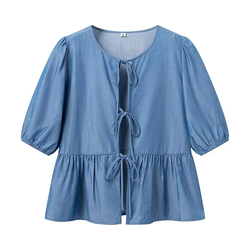 

YENKYE Blue Lace Up Shirt Women Round Neck Puff Sleeve Female Casual Tops 2024 Spring Summer Lady Blouse High Stree Blusas