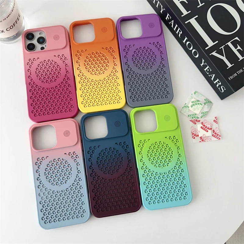 Heat Dissipation Mesh Gradient For Magsafe Wireless Charge Case For iPhone 16 15 14 Plus 12 13 Pro Max Breathable Magnetic Cover