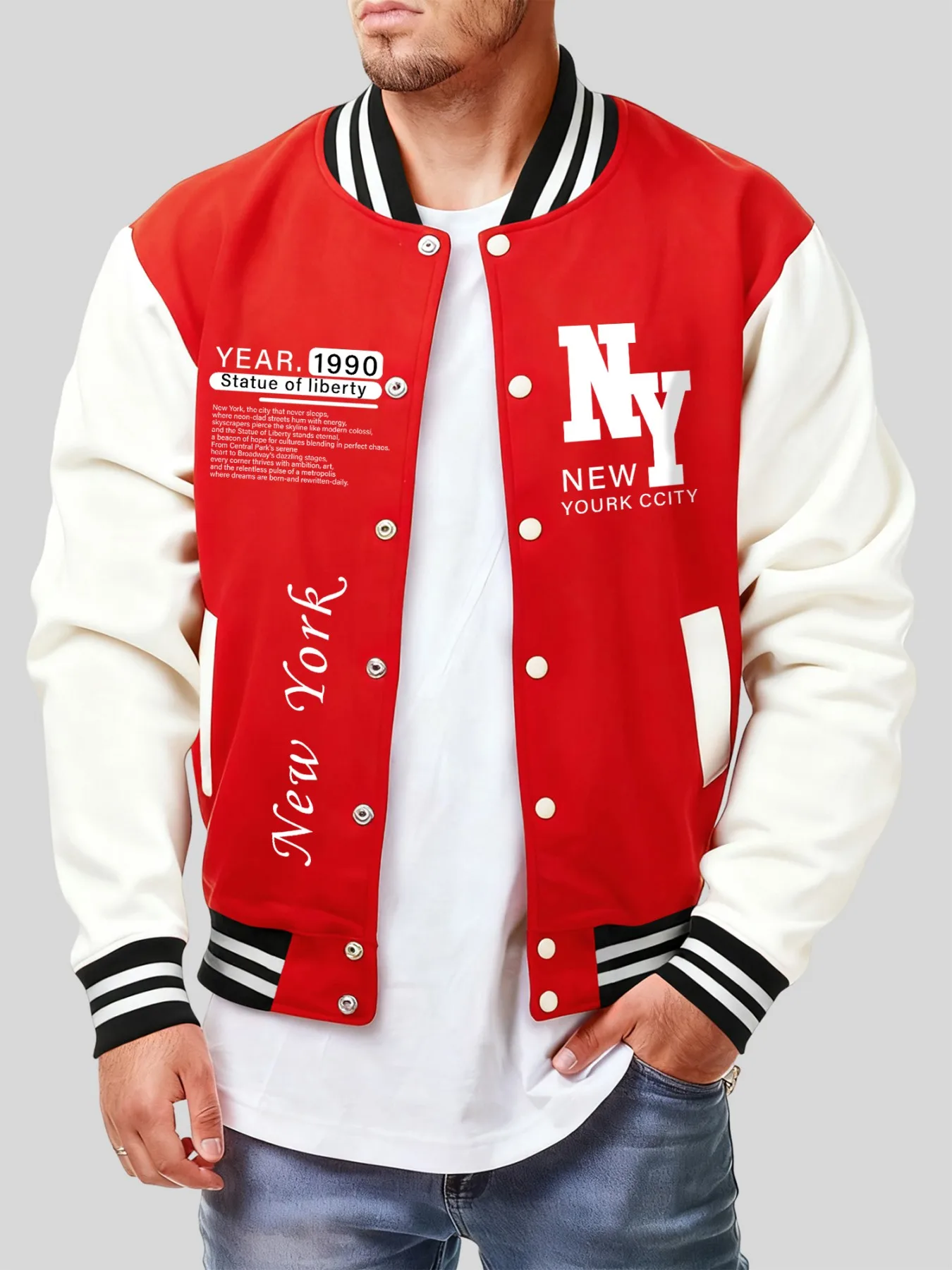 

New York City 1990 Print Men Baseball Jersey Fashion Pocket Y2K Menswear Hip Hop Loose Street Jacket Fleece Unisex Clothes