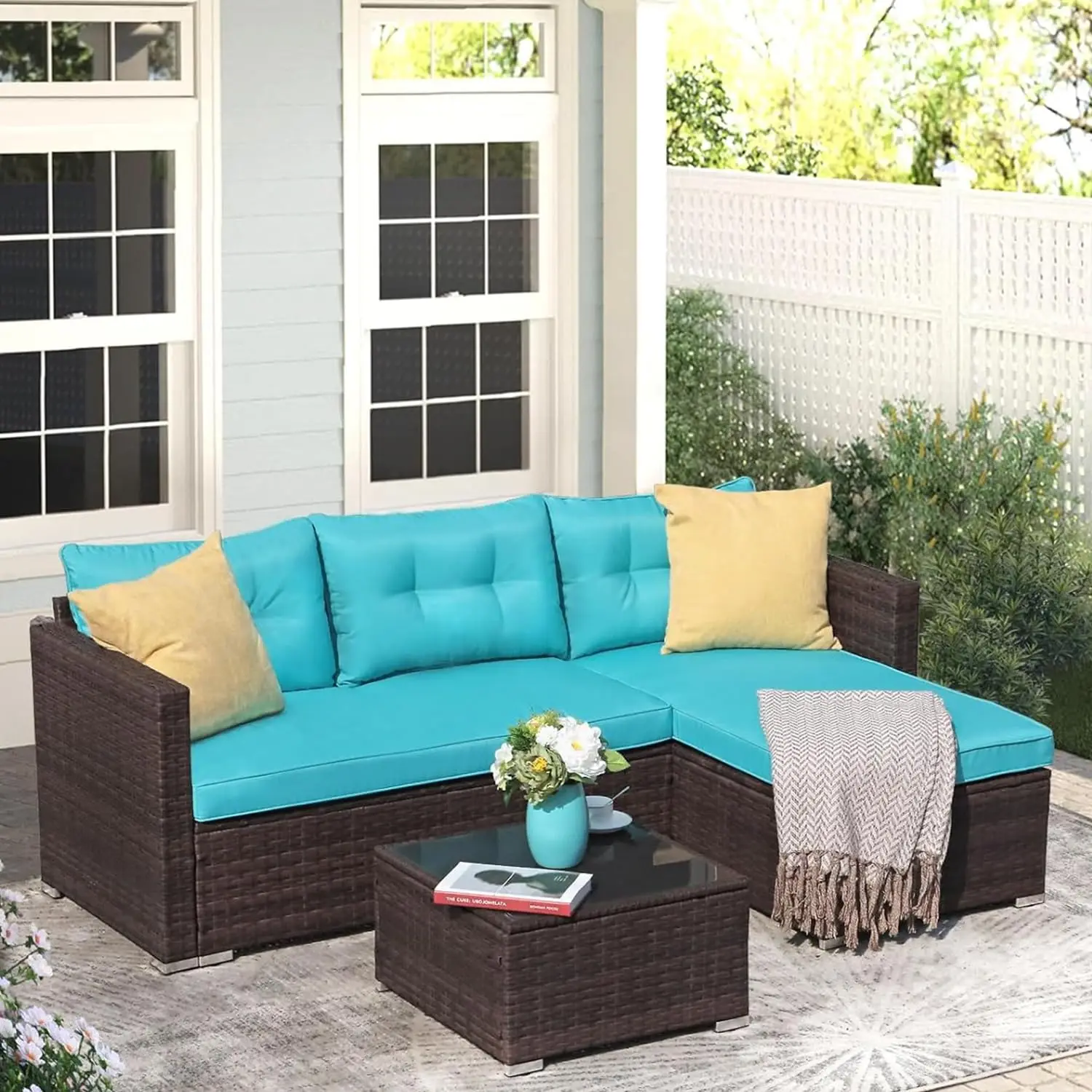 All Weather Wicker Outdoor Sectional Sofa Set With Cushions & Tempered Glass Coffee Table, L-Shaped, Turquoise, Customized
