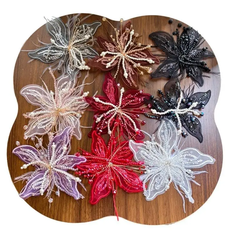 1 Pcs Crystal Flower Lace Studded Patch Feather Pearl 3D Organza Flower Patch Twisted Wire Handmade DIY Sewing Decals