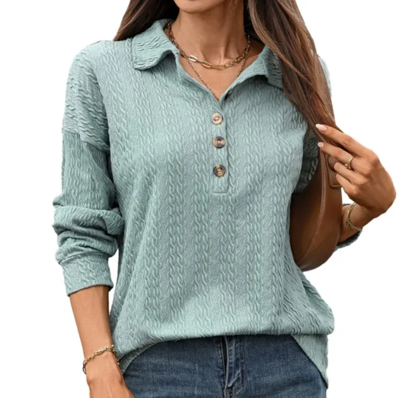 New Autumn Fashion Women's Turn-Down Collar Long Sleeve Tops Buttoned Top Loose Sweatshirt Solid Color Jacquard Lapel Pullover