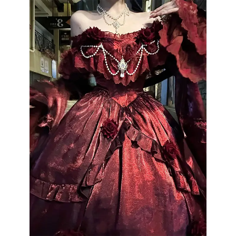 Vestido de princesa Lolita para mujer, prenda clásica de color rojo sangre, Rosa 3D, industria pesada, Pengpeng