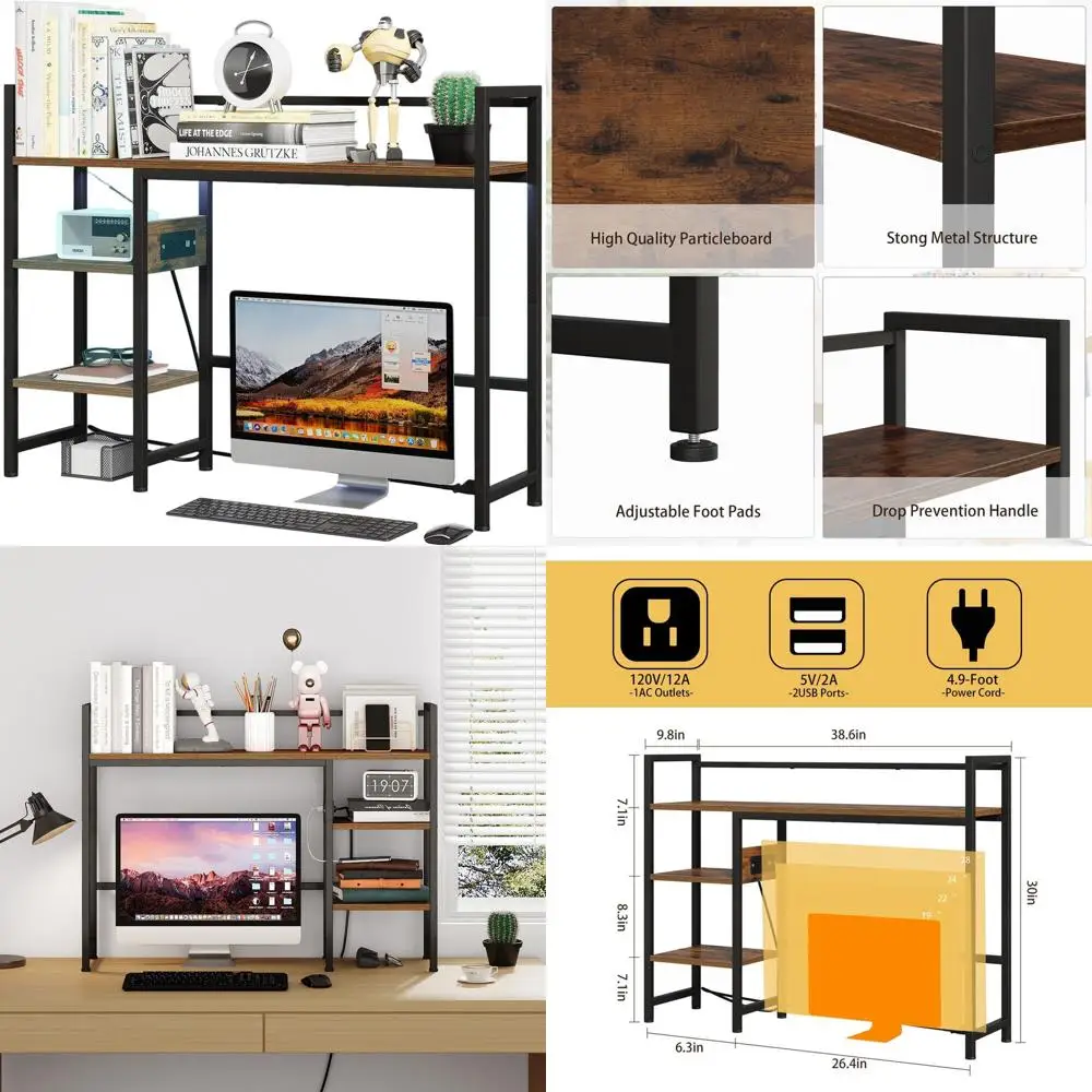 Book Shelf with 3 Tier Open Shelf, Bookcase with Light Strip and Outlet, Bookshelf & Desk Shelfs for Computer Desks, Desk Hutch