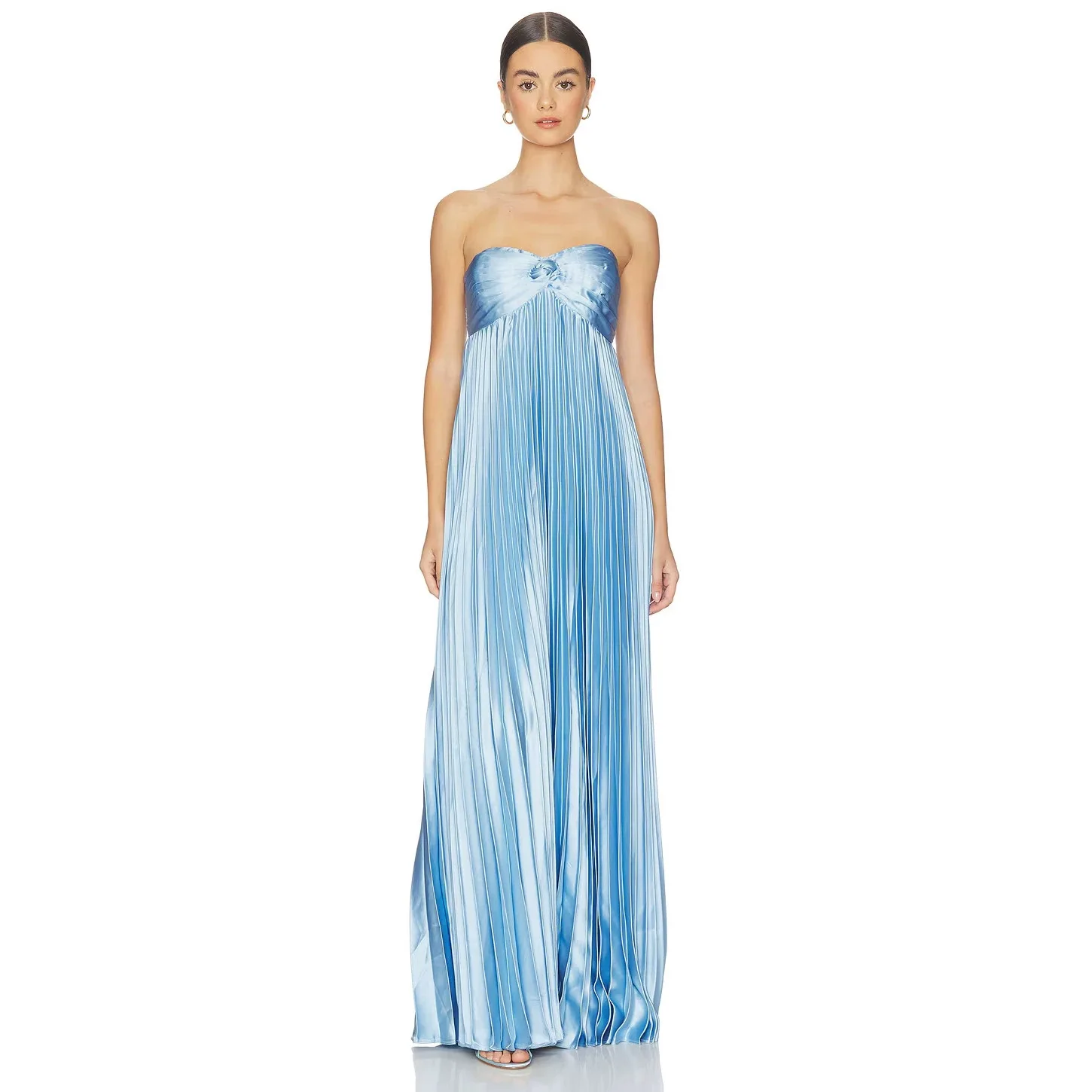 Elegant Ice Blue Satin Strapless Long Evening Dress Sexy Sleeveless Backless Pleated Formal Party Dresses Prom Cocktail Gowns