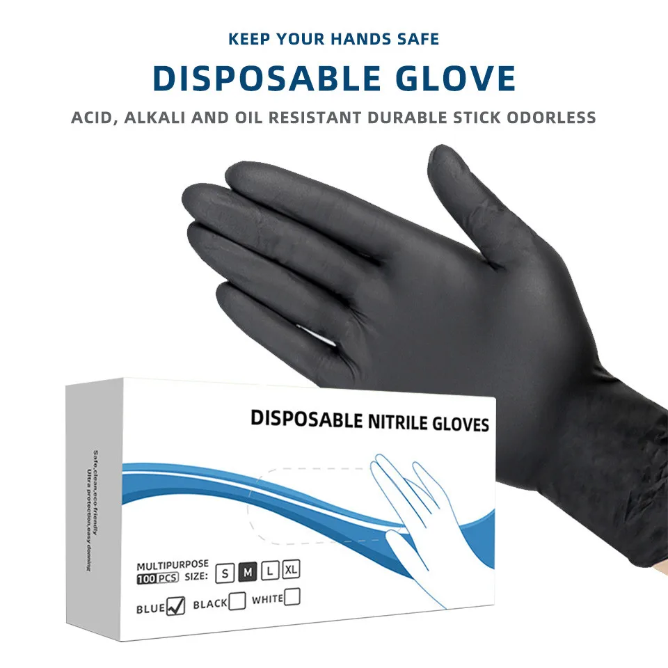 50/100 PCS Black Nitrile Gloves Thickened White Blue Transparent for Cleaning Hairdressing Waterproof Dishwashing Tattoo Gloves