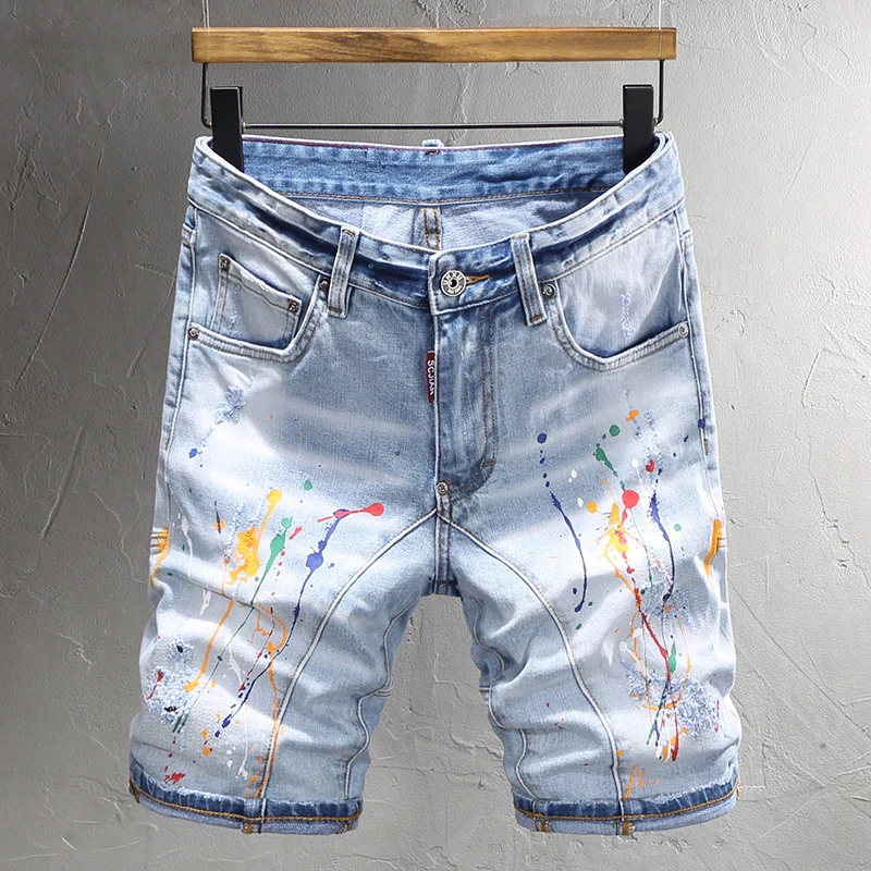 

Summer Fashion Men Jeans Retro Light Blue Elastic Spliced Ripped Short Jeans Men Painted Designer Hip Hop Denim Shorts Hombre