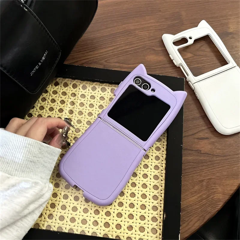 Чистый цветной чехол для телефона с кошачьими ушками для Samsung Galaxy Z Flip 6 5 4 3, защитная задняя крышка для ZFlip4 ZFlip5 ZFlip6