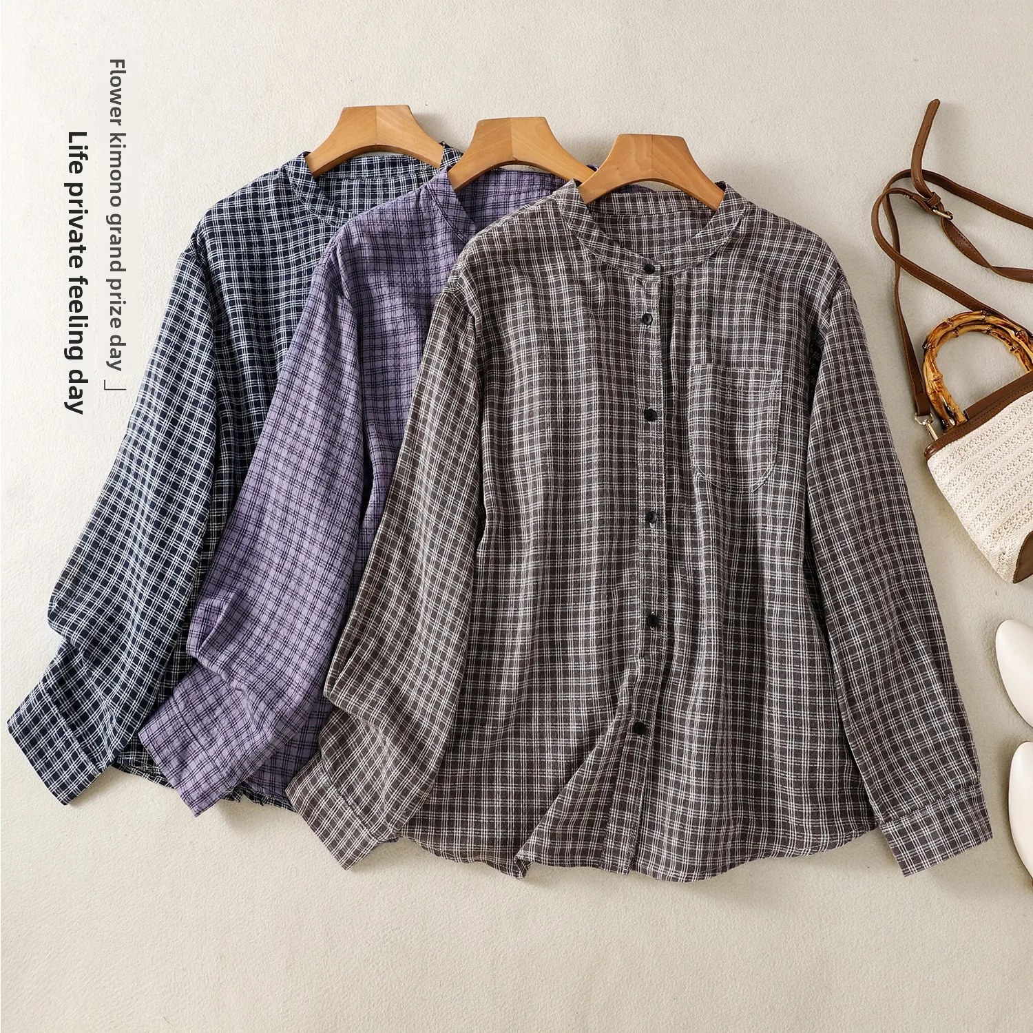 

Retro Color Woven Linen Plaid Shirt Women Elegantly Tailored Long Sleeve Stand Collar Artistic Grid Pattern Top