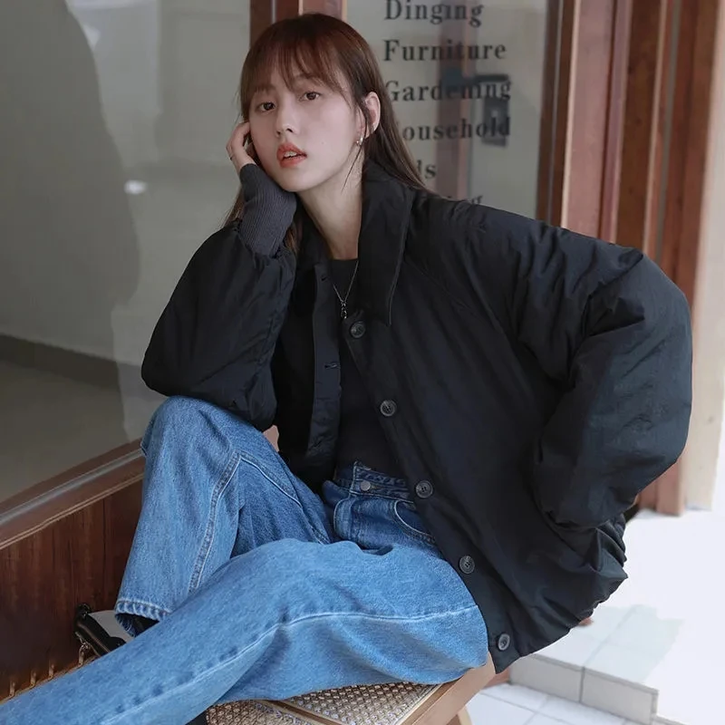 

Womens Down Cotton Coat 2022 Winter New Fashion Loose Cotton Jacket Women Korean Short Single-breasted Tooling Cotton Clothes